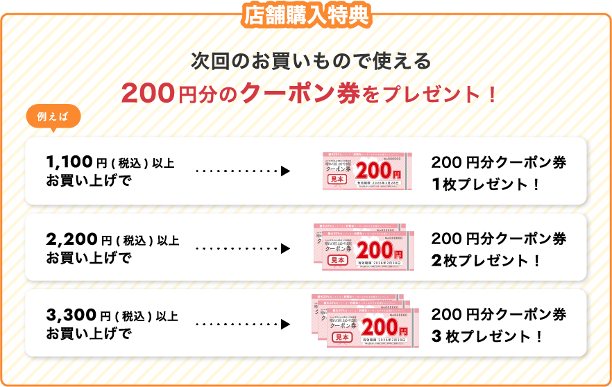 店舗購入特典 次回のお買いもので使える200円分のクーポン券をプレゼント！