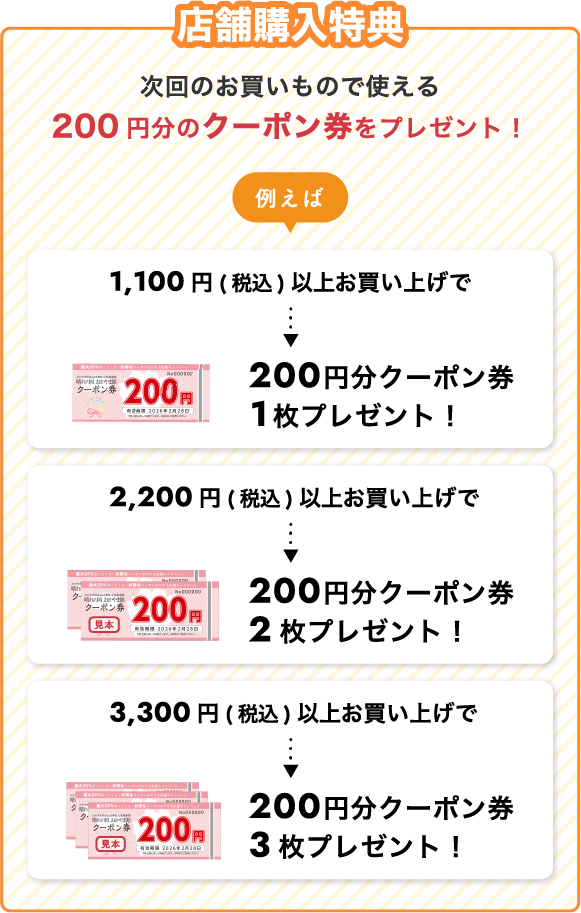 店舗購入特典 次回のお買いもので使える200円分のクーポン券をプレゼント！
